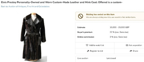 경매에 부쳐진 엘비스 프레슬리의 밍크코트[헨리 알드리지 앤드 손 홈페이지 캡처] 연합뉴스